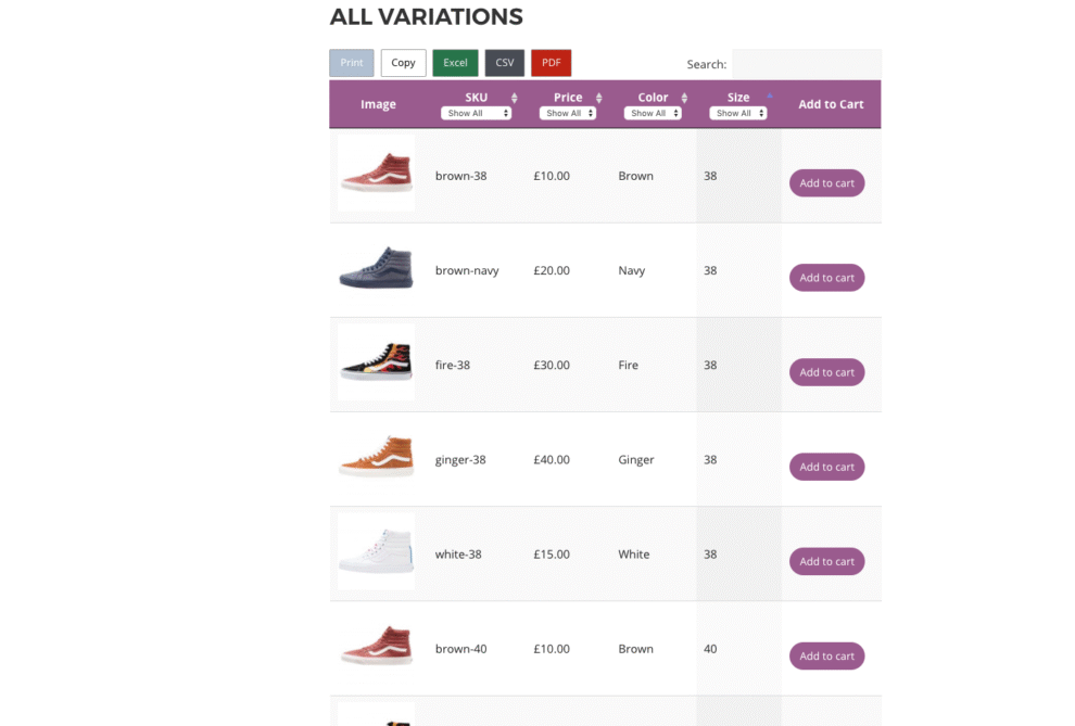 WOOCOMMERCE VARIATIONS TABLE 1.3.13